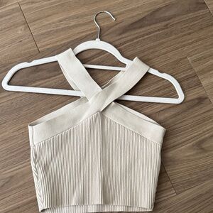 Babaton Cream Ribbed Cross-Back Crop Top